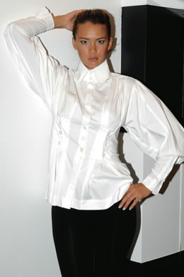 Katie Min: Karl Lagerfeld for Impulse white long-sleeve stretch poplin button- up shirt $99