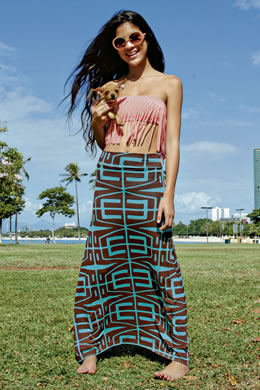Calla Camero: Cassandra Rull salmon tube fringe top $65, brown and turquoise maxi skirt/tube dress $