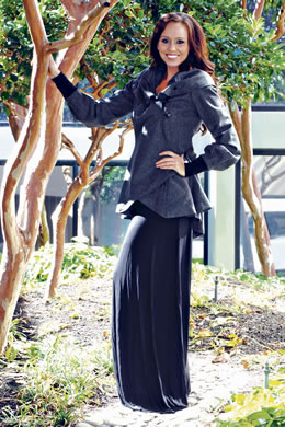 Black racerback maxi dress and gray wool coat by Andy South, made in Hawaii and available at andysou