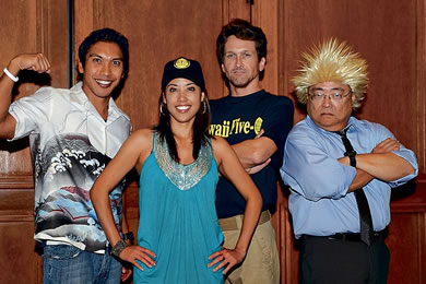 The Hawaii 5-OH! crew: TJ Quan as Chin Ho, Donalyn Dela Cruz as Kono, Daniel Kunkel as McGarrett and