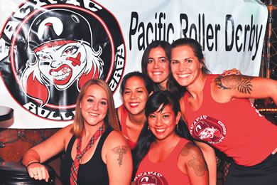 Ladies of Pacific Roller Derby: Hollie Kale (Dirty Karry), Wendee Augustiro (Soviette Suzette), Dani