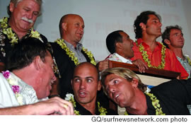 At the All Pipeline Masters Party at Turtle Bay Dec. 6 are (front from left) Rory Russell, Kelly Slater and Andy Irons and (back) Jeff Crawford, Larry Blair, Derrick Ho, Shaun Thompson and Mark Richards