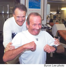 Sen. Fred Hemmings and Denver Broncos owner Pat Bowlen, here doing isometrics, have been workout partners for the past 35 years
