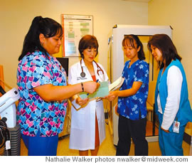 Dr. Fukui with, from left, nurses Sara Vaifale and Sun Takaki, and pulmonary tech Cathy Castro