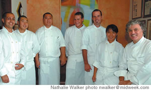 Ready to cook: (from left): Nolan West, Matthew Tomita, Kevin Chong, James Murray, Nick Erker, Hiromi Okura and Chef Mavro