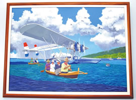 A painting of Hawaiian’s first Sikorsky 3-38 plane and its disembarking passengers