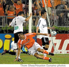 Ching celebrates after scoring on a bicycle kick, which was later named MLS Goal of the Year