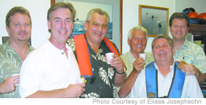 Deep Ocean Hawaii executives drink water harvested from a new depth during the company’s recent research and development operation. From left: Dr. Steve Oney, Rich Treadway, Rudy Ahrens, Fred Dreyfuss, Ken Ostebo and David Griffith