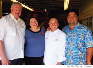 (from left) Hawaii Foodbank president Dick Grimm and director of fund development Polly Kauahi, Hiroshi Fukui of Hiroshi Eurasion Tapas, and Chuck Furuya, Great Chefs Fight Hunger co-organizer