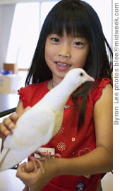 Mikaela Rivera, 6, with a recovering pigeon