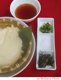 Freshly made tofu ($6.95) comes with nori, salt, green onion and Shokudo sauce