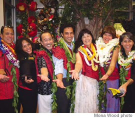 (from left) Mike Kop, Maile Lee, Ron and Daniel Fujikake, Syl Kop, Maile Meyer and Kauhane Lee of Mana Hawaii