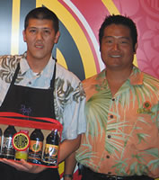 Roy's chef Brandon Konishi (holding shoyu) and John Tsukada of Aloha Shoyu