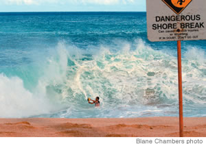 Dangerous shore break: That's usually where you'll find Clark Little