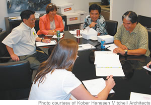Kelvin Chong, Laurie Kaneshiro, John Toguchi, Kurt Mitchell and Kelly Carlson discuss details of a recent project 