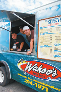 Keali'i Kila, Michael Pietsch and John-Lou Tanacio in Wahoo's lunch wagon