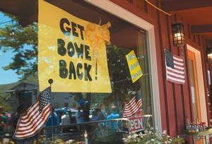 Flags and signs decorate the front of Zaney’s Coffee in Hailey, Idaho, showing support for POW Bowe Bergdahl