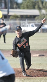 Campbell High junior Kevin Newcomb executes a left-handed pitch. Photo by Byron Lee