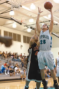 Jordan Ferreira of Kapolei High and Terence Tafai of Campbell High stretch for a rebound