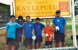 Windward Volcanoes Quincy, Kaimana, Alex, Noah, Austin and Patrick removed graffiti from this school sign during a busy weekend of cleaning up Kailua. Photos from Karen Igarashi.