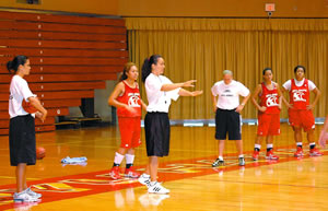 BYUH head women’s basketball coach Wendy Anae is right at home in her new job (shown here at practice), following stints in Utah and at Kahuku High School. Photo from Scott Lowe.