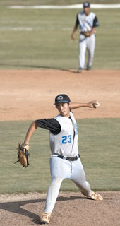 Jared Matsumoto pitching for Kailua High School. Photo by Byron Lee