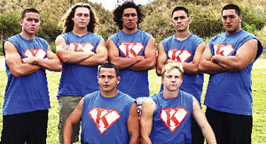 Kalaheo football players (front, from left) Larry Soto, Cody Von Appen, (back) Bruce Andrews, Shawn Reed, Matt Gasparine, Kao Malama-Custer and Dillan Hanawahine. Photo courtesy of Chris Mellor.