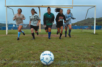 Kailua High girls soccer team’s five seniors are (from left) Kalen Miyakaya, Lauren Merritt, Angie O’Malley, Tiffany Pereza and Kylie Kuhns