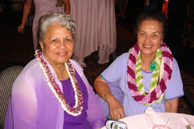 Kumu hula Minerva Pang with friend Maggie Keener