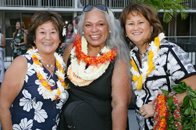 Sig Zane's wife and kumu hula, Nalani Kanakaole (center) with Marylou Foley, and Outrigger Waikiki's