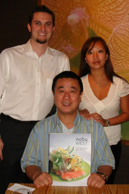 Chef Nobu with Nobu Waikiki man- agers Luke Bjoin and Wanloe Schock.