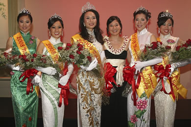 The queen and court with pageant emcee Joann Shin
