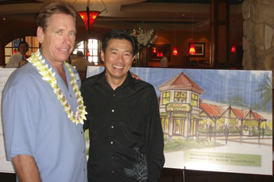 Randy Schoch, Hawaii franchisee for Romano's Macaroni Grill, with KGMB weather anchor Guy Hagi.