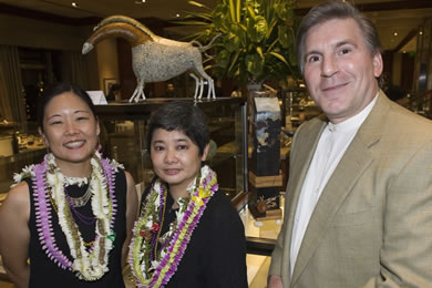 Artists May Izumi and Lori Uyehara with John Geppert, Tiffany & Co. vice president-Oahu market.  