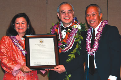 State reps. Corinne Ching and Calvin Say congratulate Dr. Pon-Sang Chan