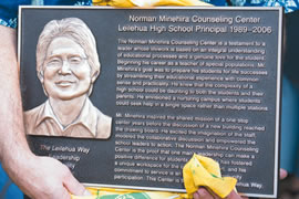 A new plaque names the Leilehua High School counseling center in honor of former principal Norman Minehira. Photo from Matt Capps.