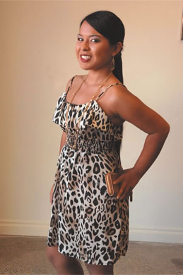 Siarrah Llarinas: Hello Miss leopard print dress $22, Estyle gold necklace $12, earrings $8, clutch 