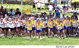 The girls do some thundering too: here’s the start of the junior varsity race at the Punahou Invitational