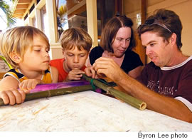 Keahi and Kala Diaz and Candace Goodman learn to make bamboo products from Elko Evans