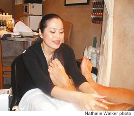 The author’s feet get some TLC from Satoko Kubota at Aveda