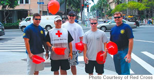 Honolulu firefighters (from left): Shane De Mello, Jason Habu, Keono Kalahiki, Jay Peloso and Tim Turgeon are repeat volunteers for the American Red Cross Hawaii’s annual Hats Off Campaign. These civil servants plan to volunteer again at this year’s event March 3 and 4