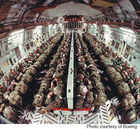 The C-17 is capable of transporting up to 170,000 pounds, whether it’s 102 paratroopers or tanks
