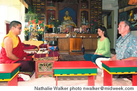 Lama Tempa Gyeltshen leads Lisa Waikailani and Gil Evans in a meditation class at Kagyu Thegchen Ling