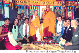The Dalai Lama (standing right) during his visit in 1994 with Lama Karma Rinchen and members of Kagyu Thegchen Ling