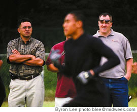 Asai Gilman and Eli Kapu check out players as they run drills