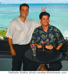 They may be managers of big Waikiki hotels, but Ryan, left above, and Jon Laskey are still brothers with a healthy bit of sibling rivalry