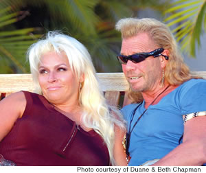 Above, Duane “Dog” Chapman and wife Beth relax in their back yard during a promotional photo shoot for their A&E show just two days before his arrest (with son Leland and colleague Tim Chapman) on Sept. 14, stemming from their arrest of serial rapist Andrew Luster in Mexico three years ago Below, left to right, the original Sept. 5, 2001, MidWeek cover that introduced Dog to the world, the July 23, 2003, cover photo of Dog, Tim and Leland Chapman after their return from Mexico, and a photo from Dog and Beth’s wedding at Kona in May