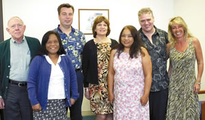 Sharing smiles at CCCS of Hawaii (from left): Tom Horton, Marie Mangca, Jeff Babcock, Joan Jones, Becky Salaski, Donald Martinez and Wendy Burkholder