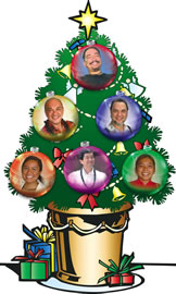 Decking the tree this year are, clockwise from top, Kealii Reichel, Roland Cazimero, Lei Melket, Michael Nakasone, Mailani Makainai and Robert Cazimero