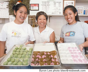 Melissa Onishi, Anne Hose and Kim Onishi show off colorful mochi at Fujiya Ltd.